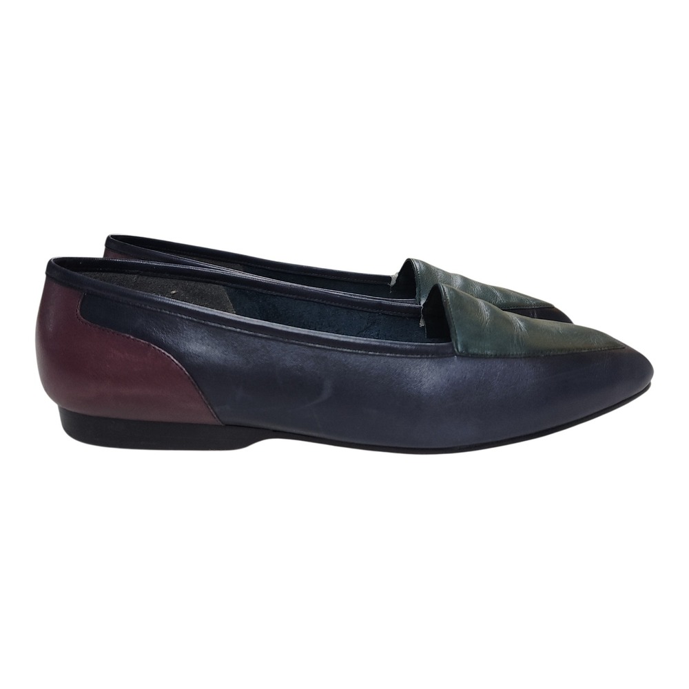VTG Enzo Angiolini Leather Loafers Flats 10M Colorblock Navy Green Square Toe